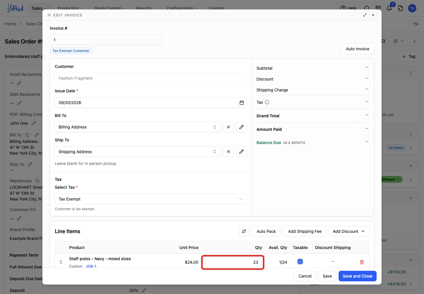 Correct the invoiced quantity