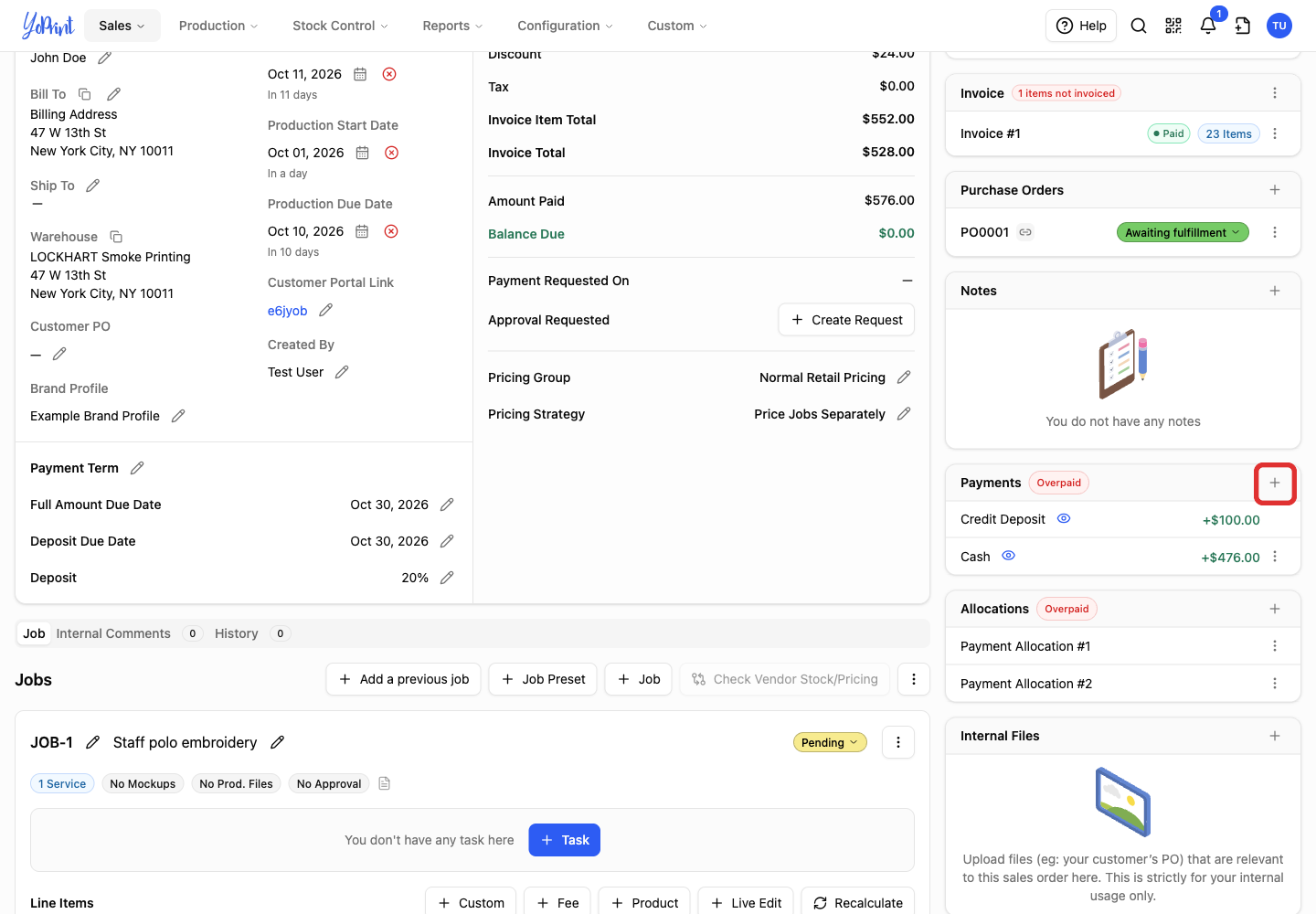 Payments Add button on the overpaid order