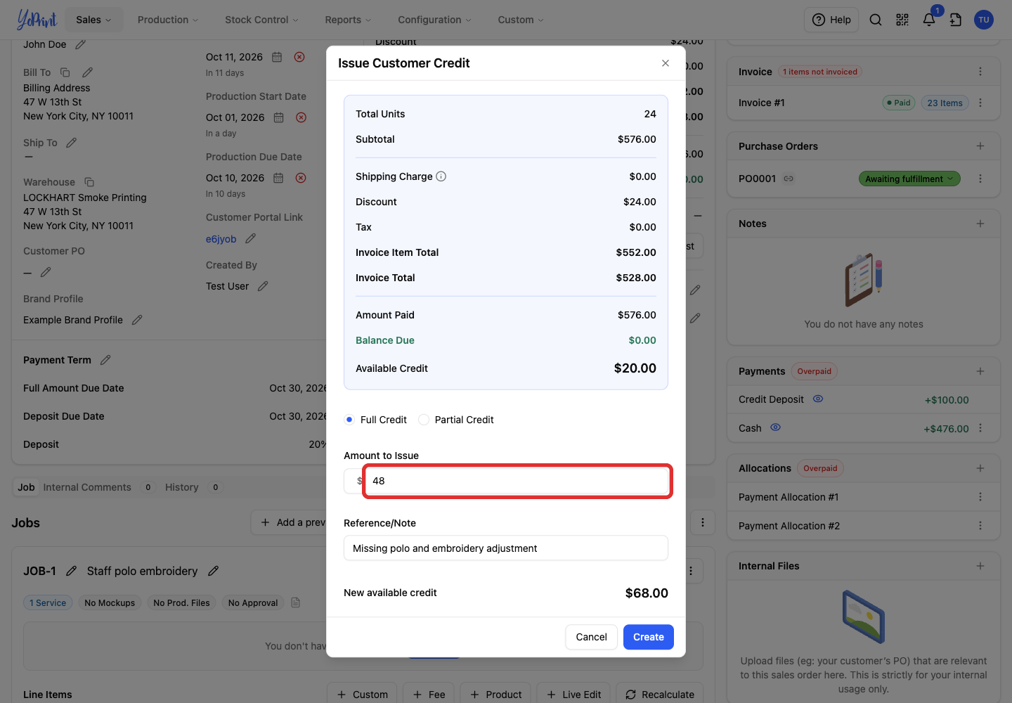 Amount to issue as customer credit