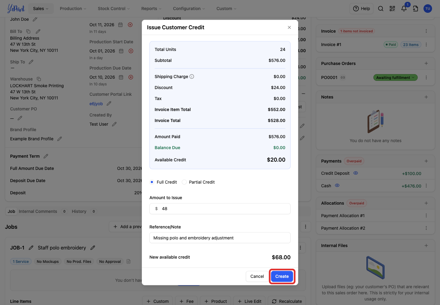 Create the customer credit