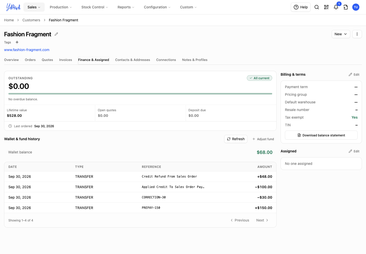 Wallet balance and four fund-history entries