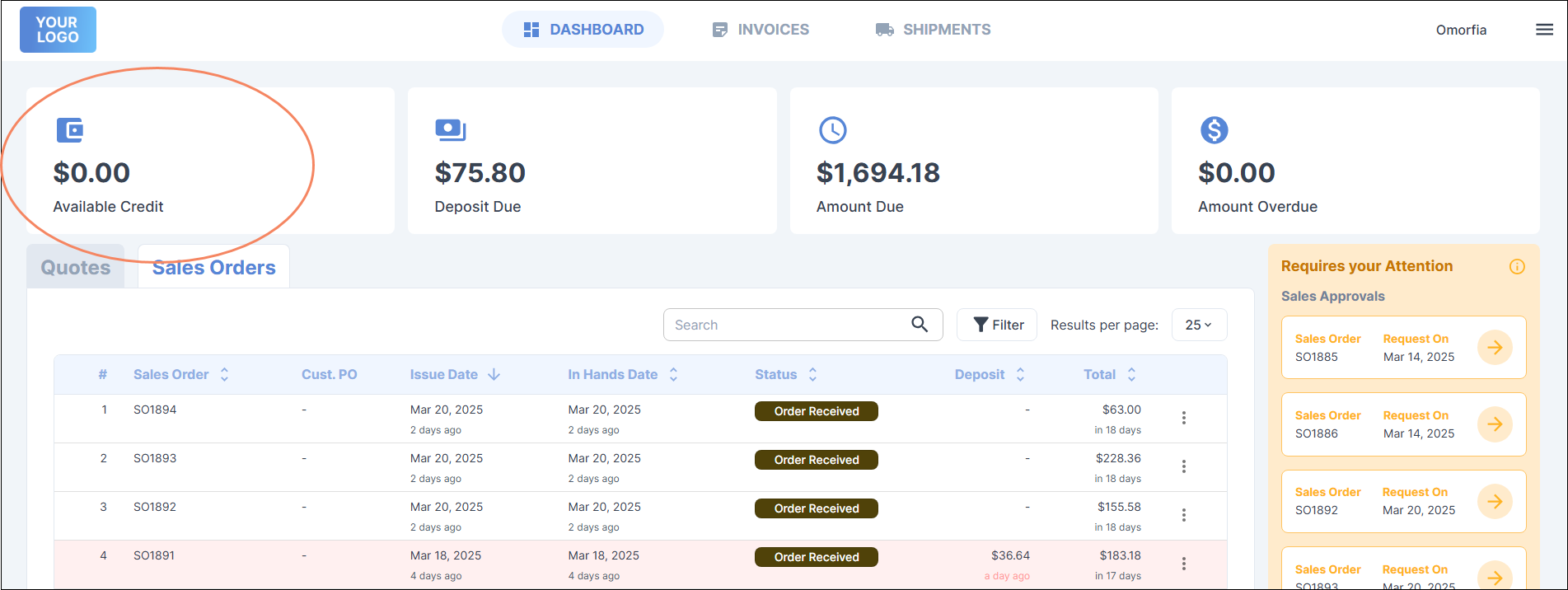 Available Credit in the original Customer Portal dashboard