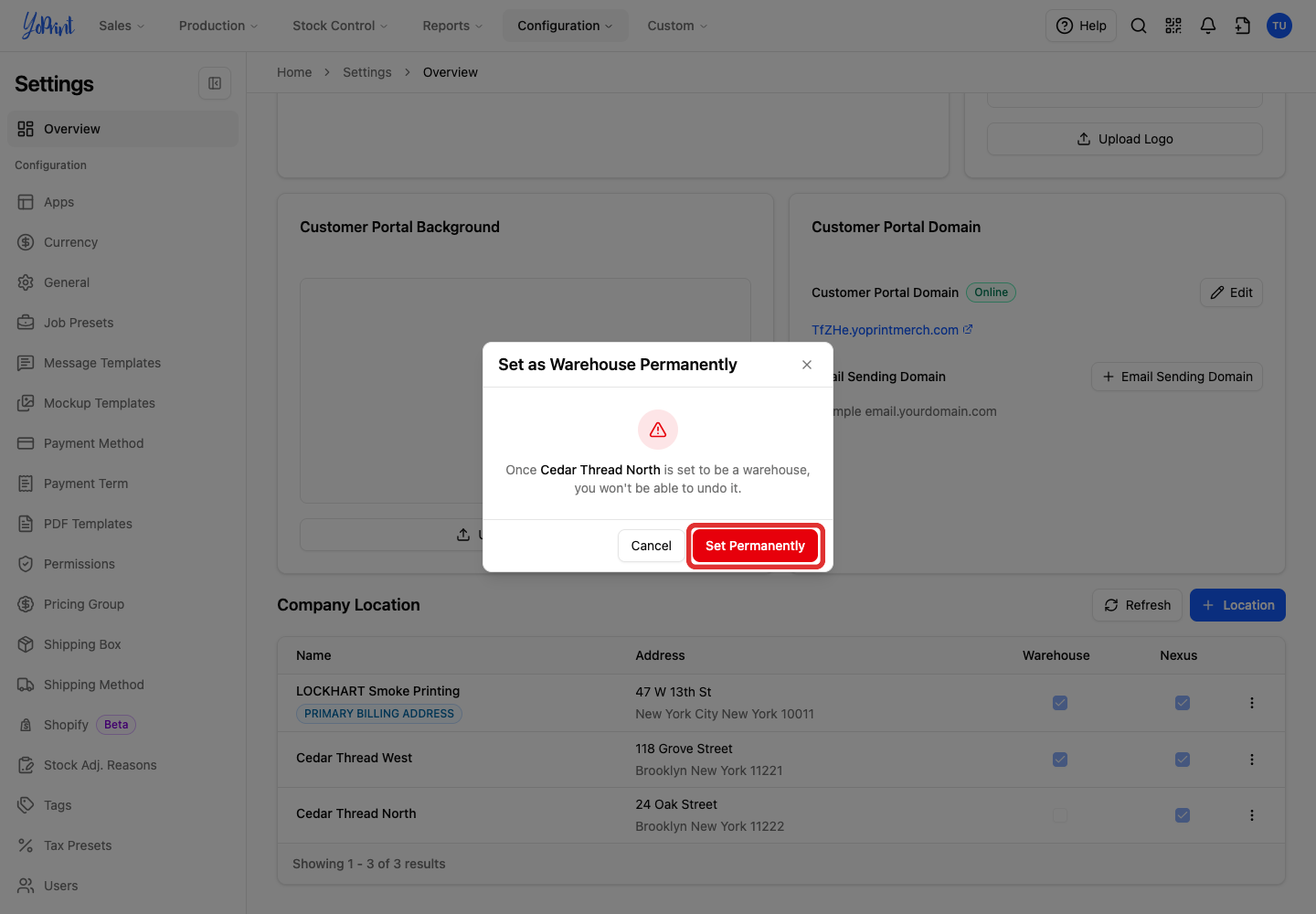 Confirm the permanent warehouse setting