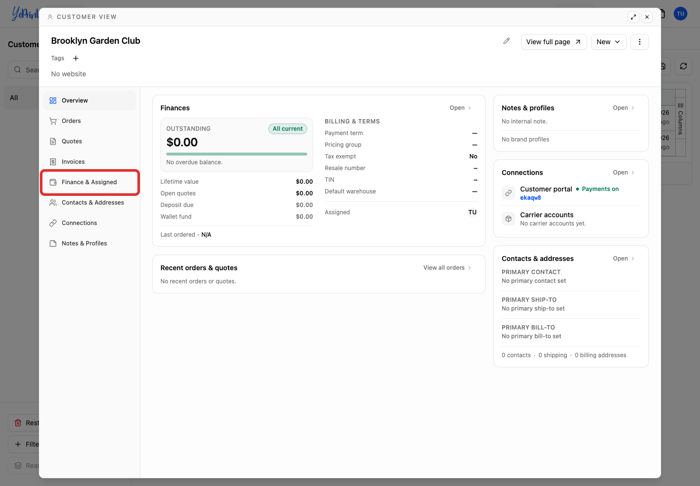 Open the customer finance settings