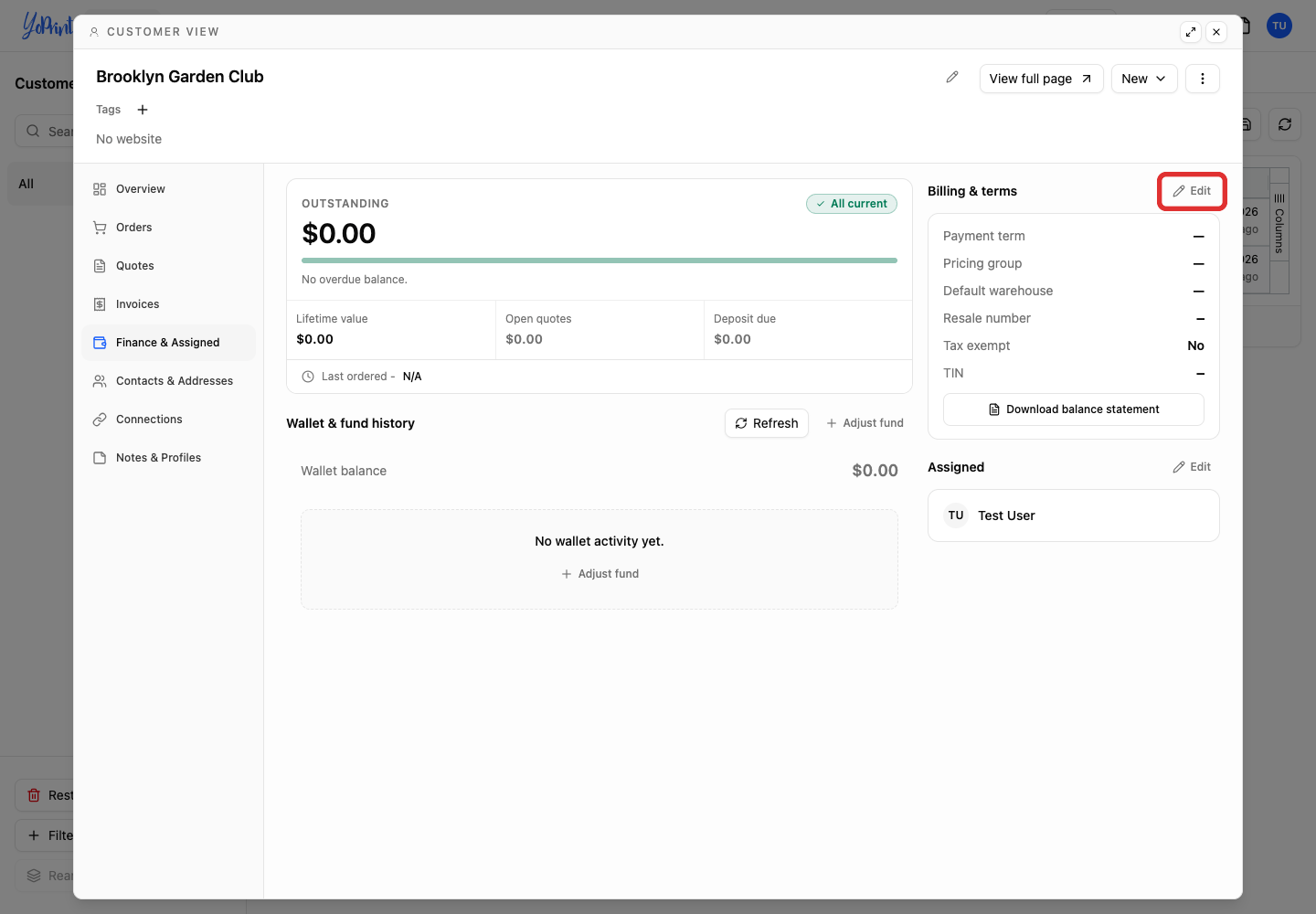 Edit the customer billing defaults
