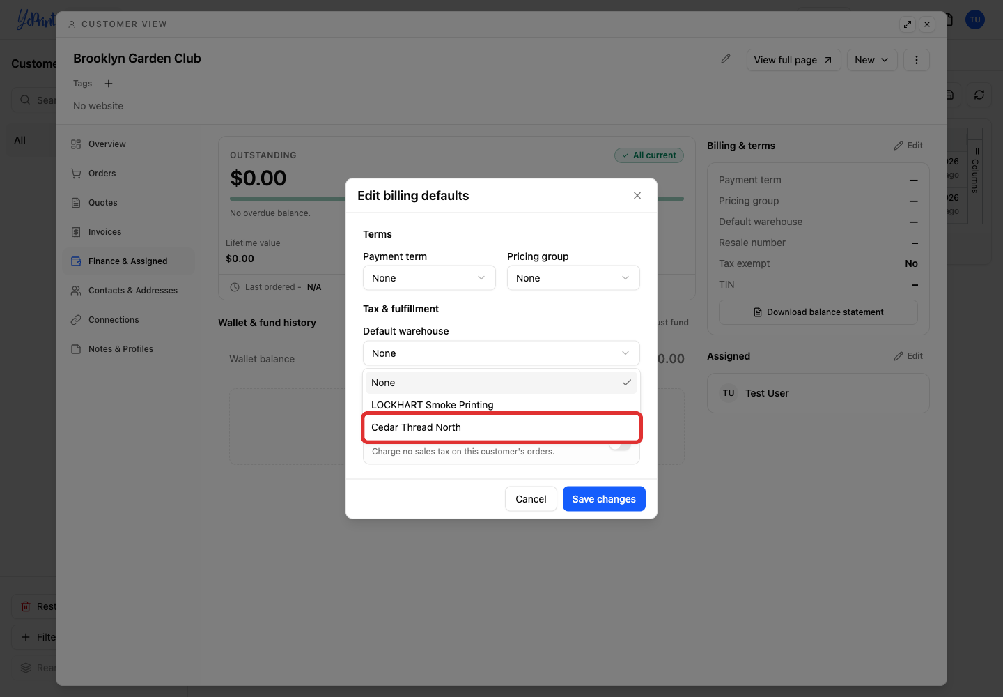 Choose the customer default warehouse