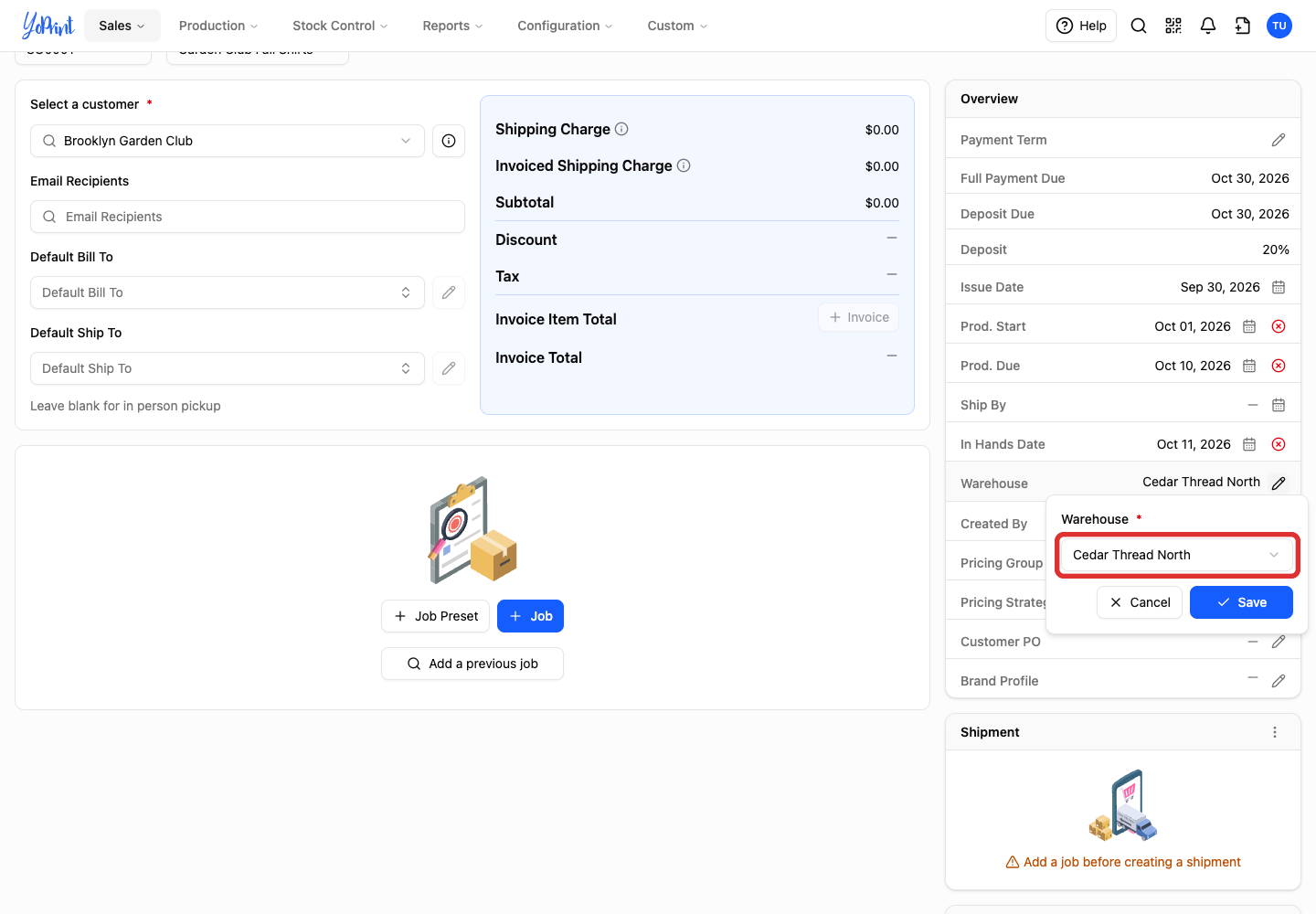 Open the order warehouse selector