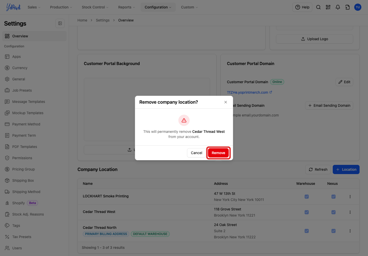 Confirm removal of the unused location