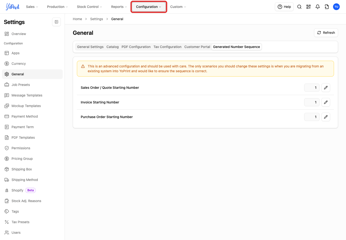 Configuration in the top navigation