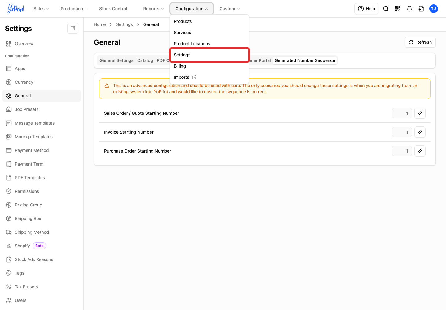 Settings in the Configuration menu