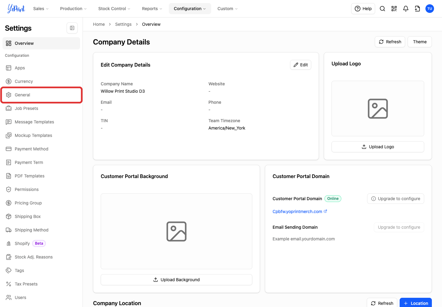 General settings in the sidebar