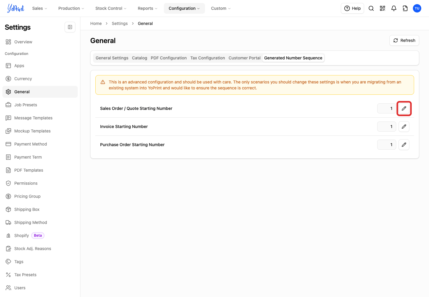 Edit the sales order and quote starting number