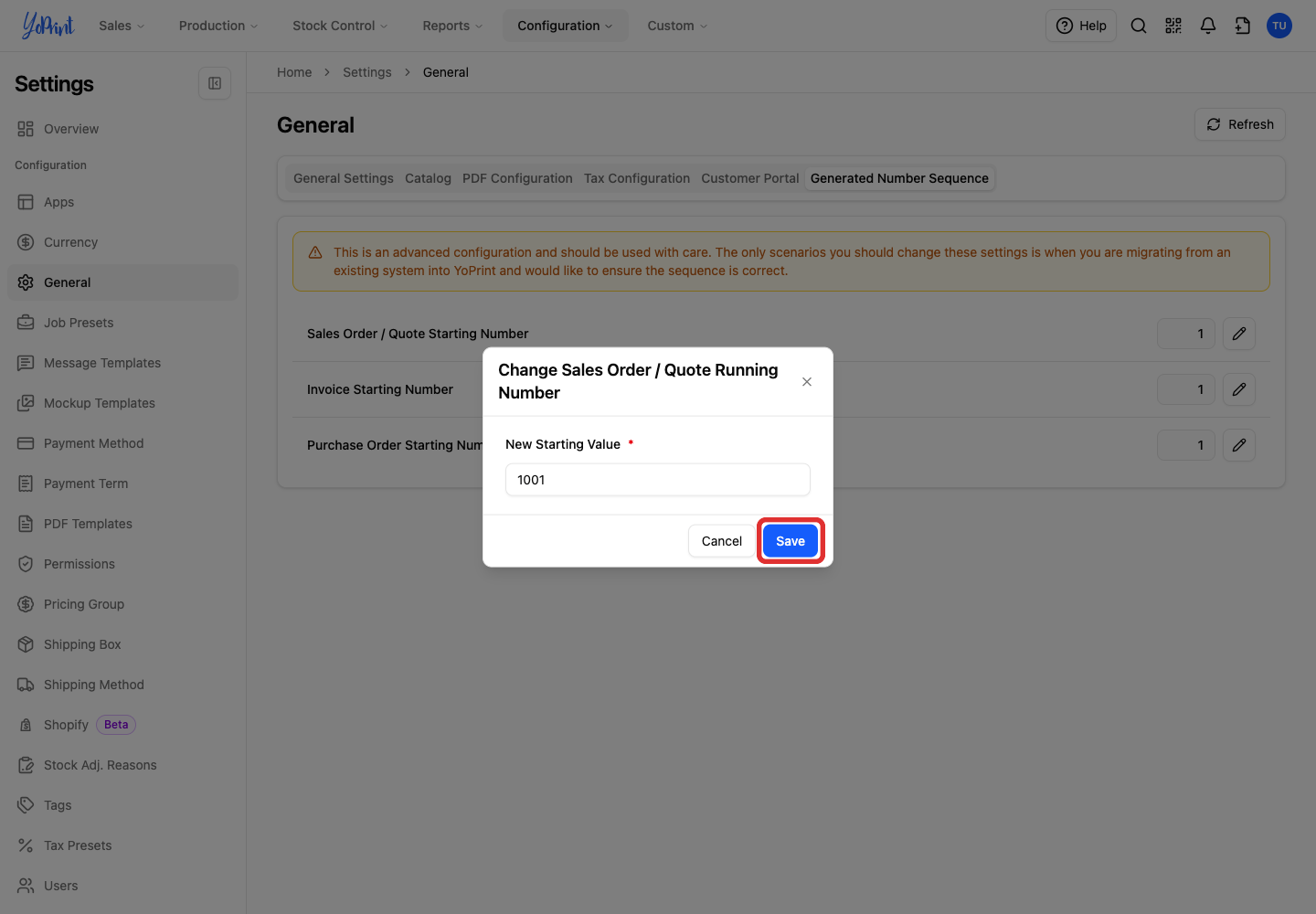 Save the sales order and quote starting number