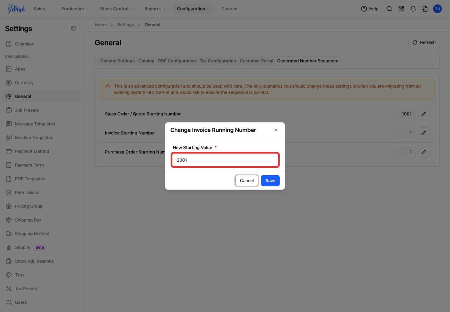 New invoice starting value of 2001