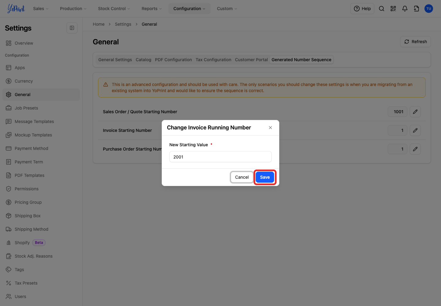Save the invoice starting number