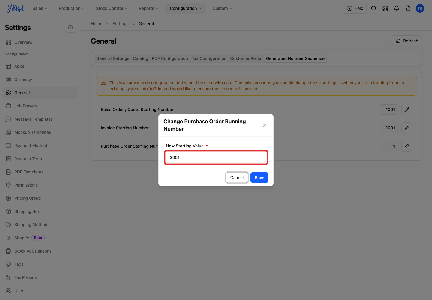 New purchase order starting value of 3001