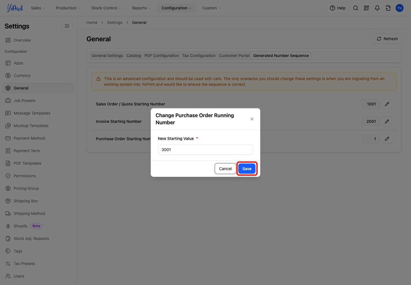 Save the purchase order starting number
