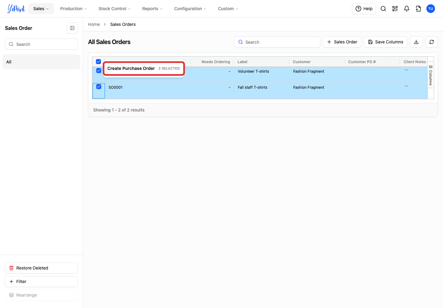 Create Purchase Order with two orders selected