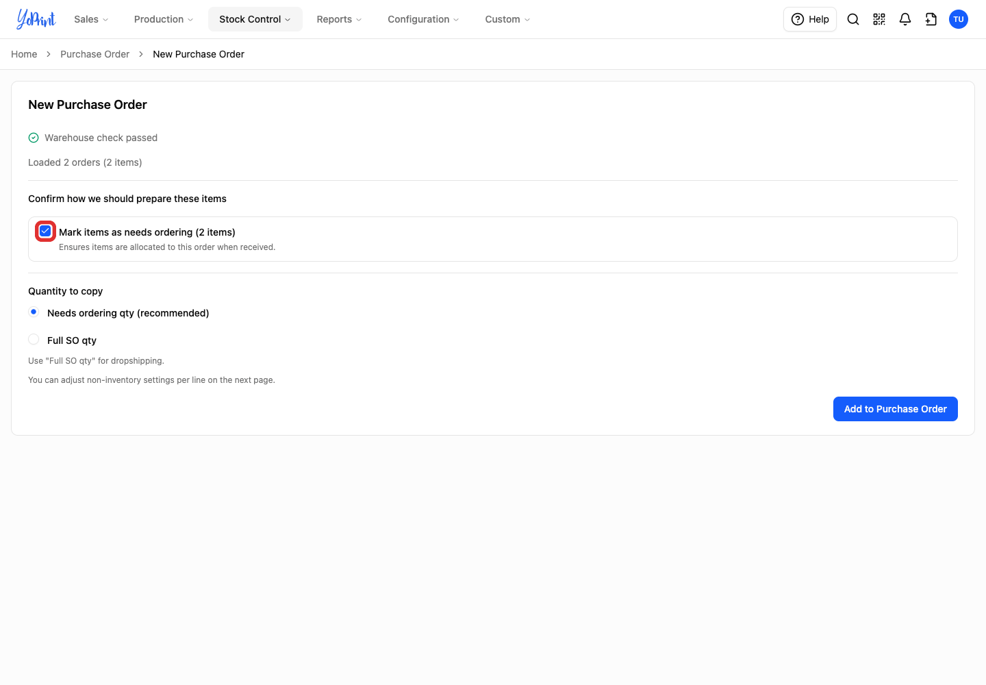 Mark items as needs ordering on the preparation screen