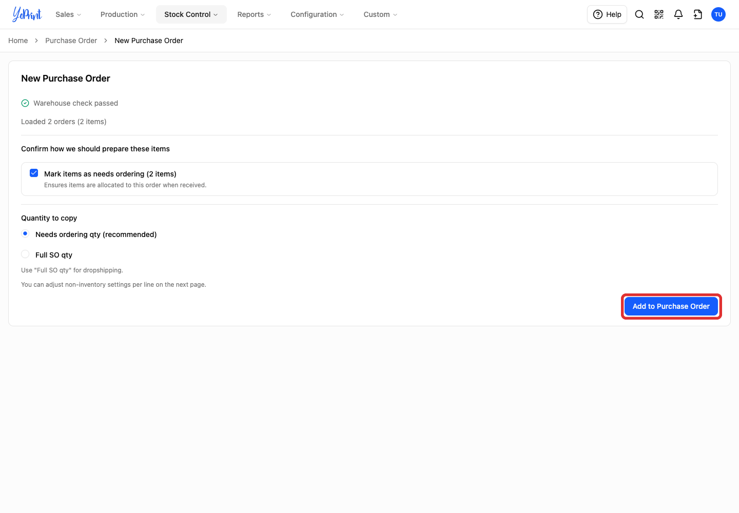 Add the products to the purchase-order form
