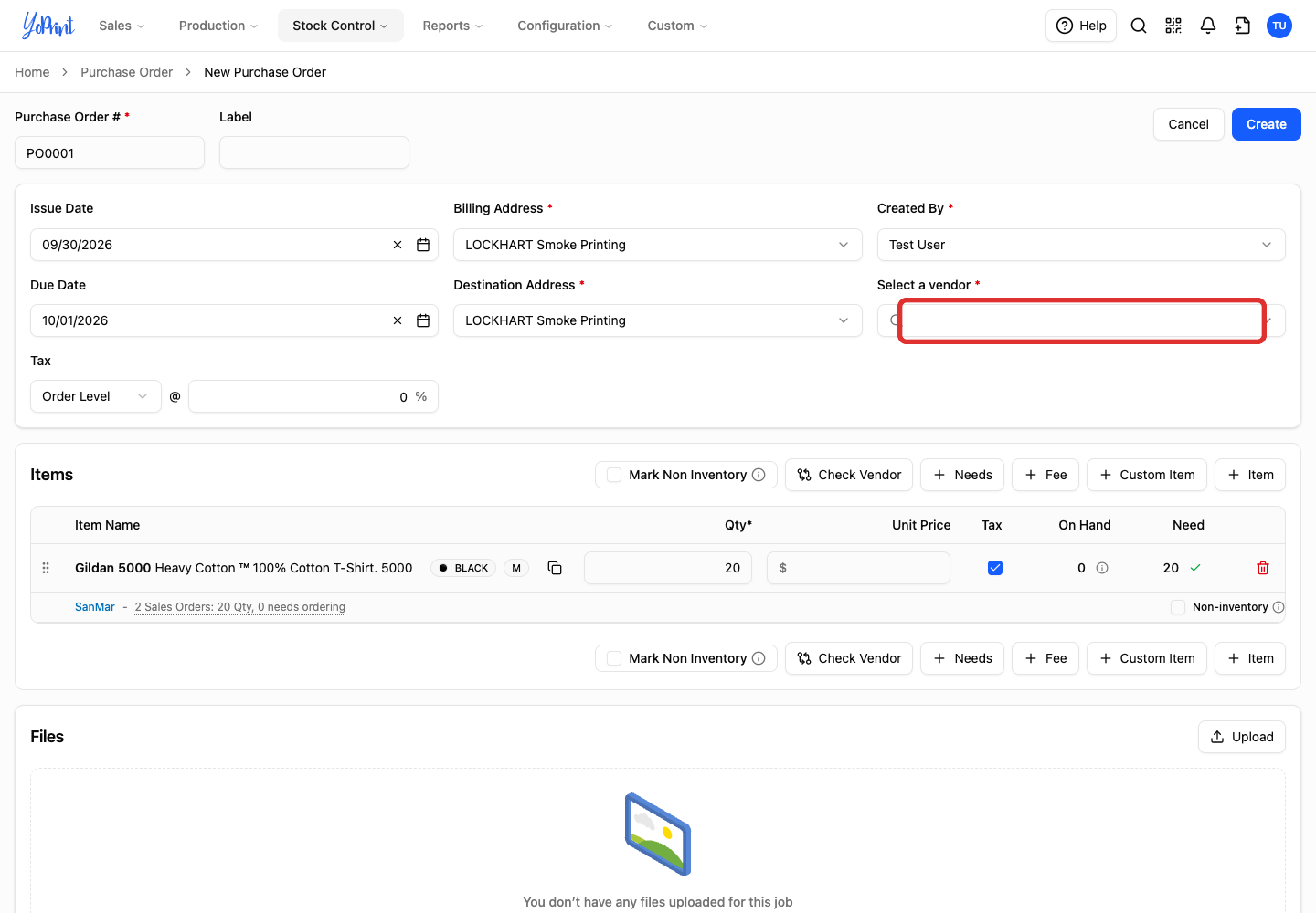 Open the vendor selector on the purchase-order form