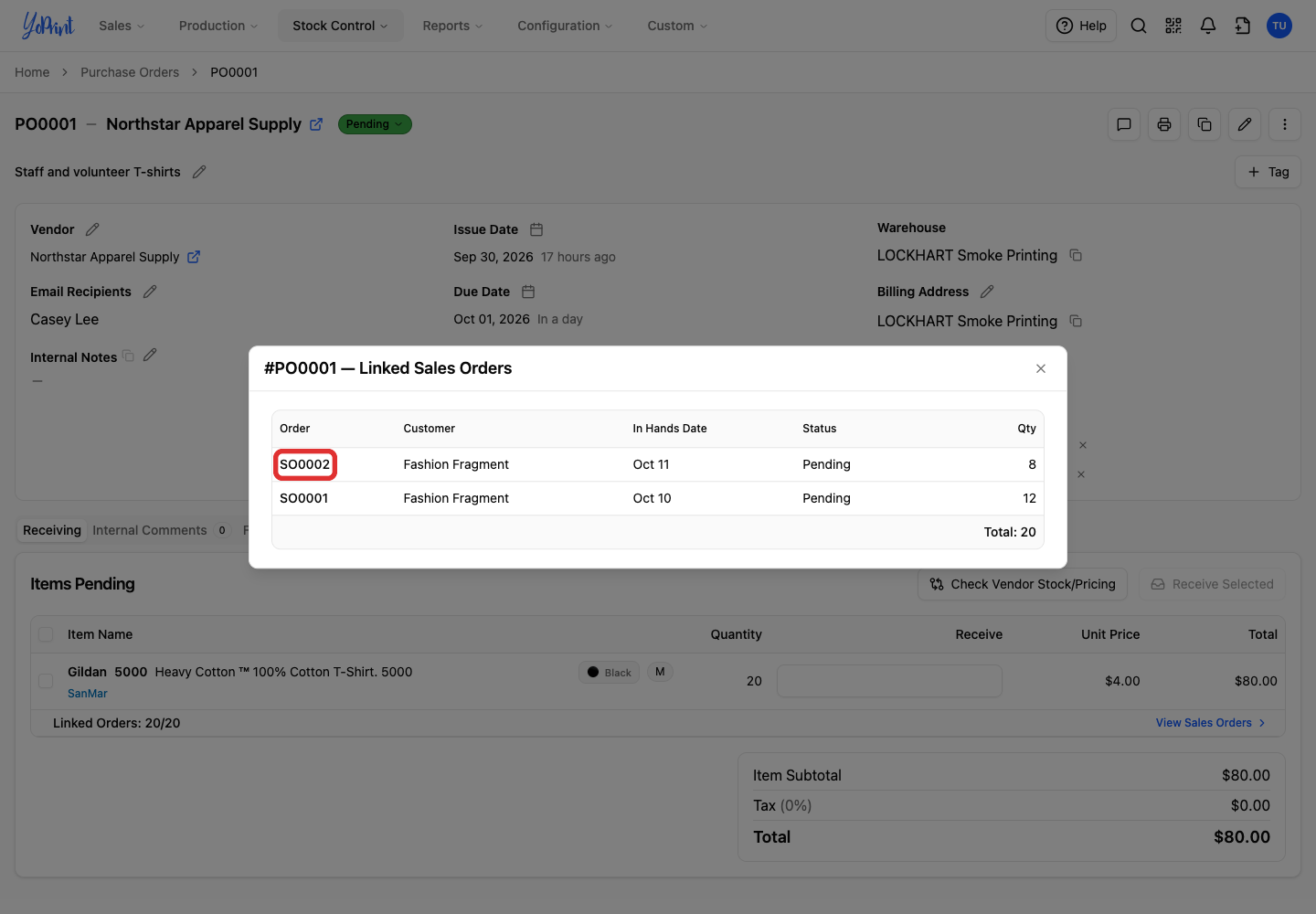 Linked Sales Orders with the order numbers and quantities
