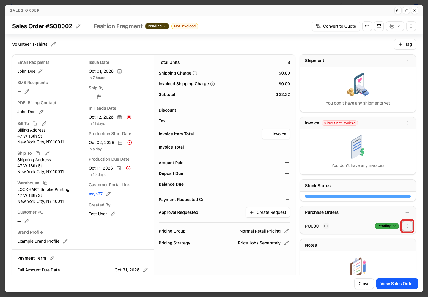 Purchase-order actions in the sales-order sidebar