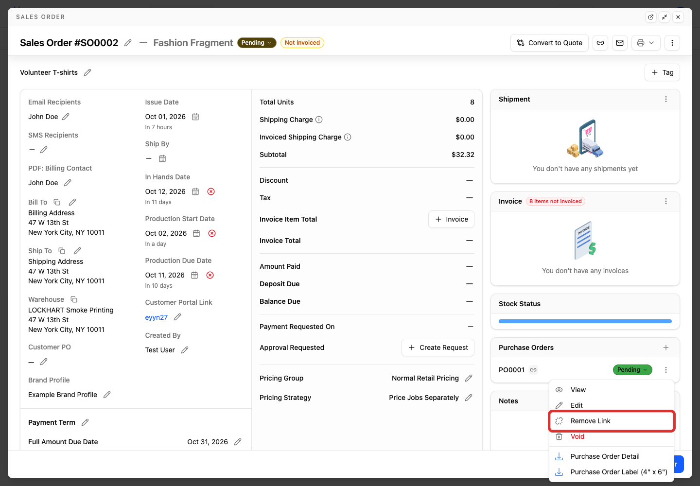 Remove Link in the purchase-order menu