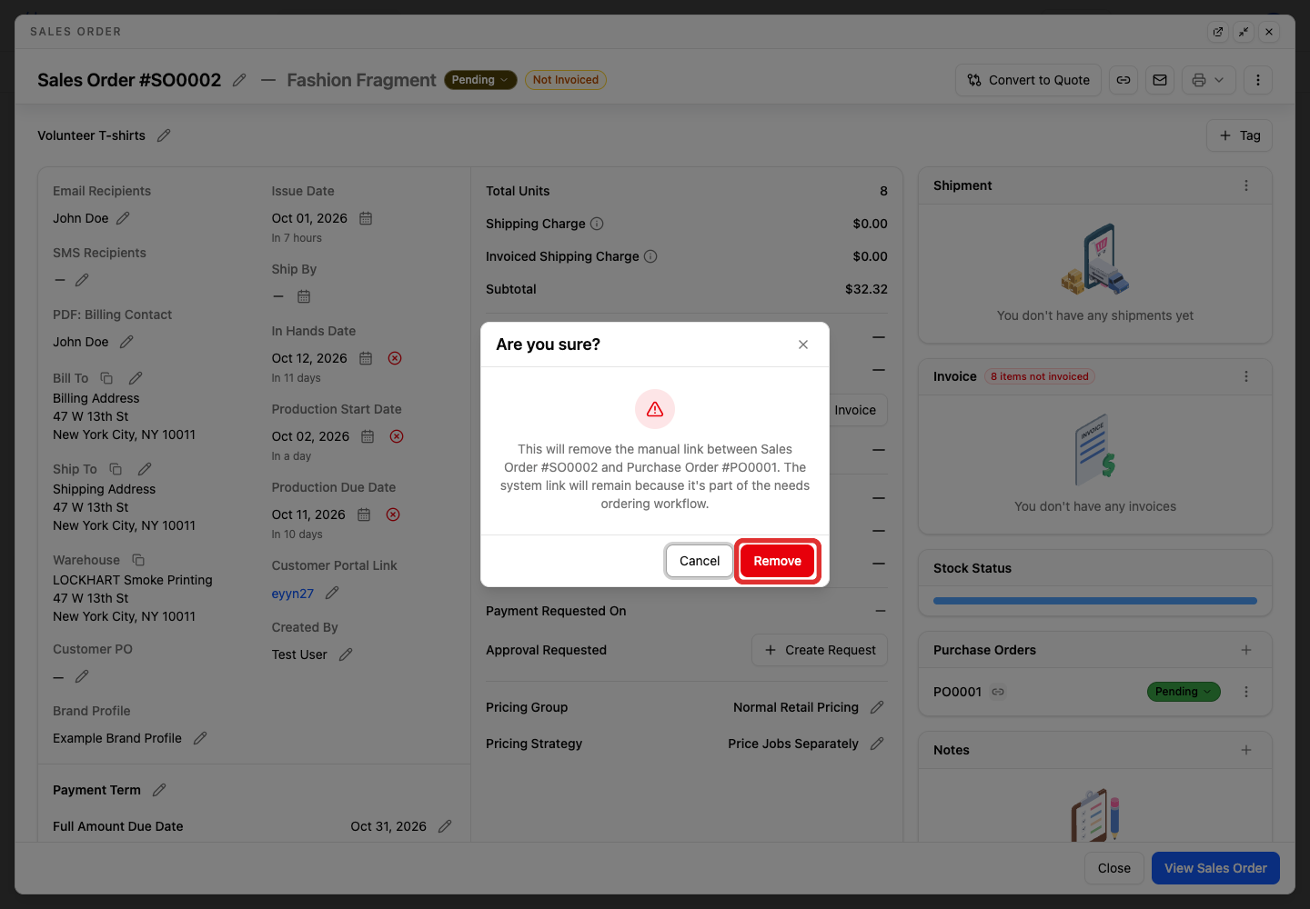 Confirm removal of the manual link while the system link remains