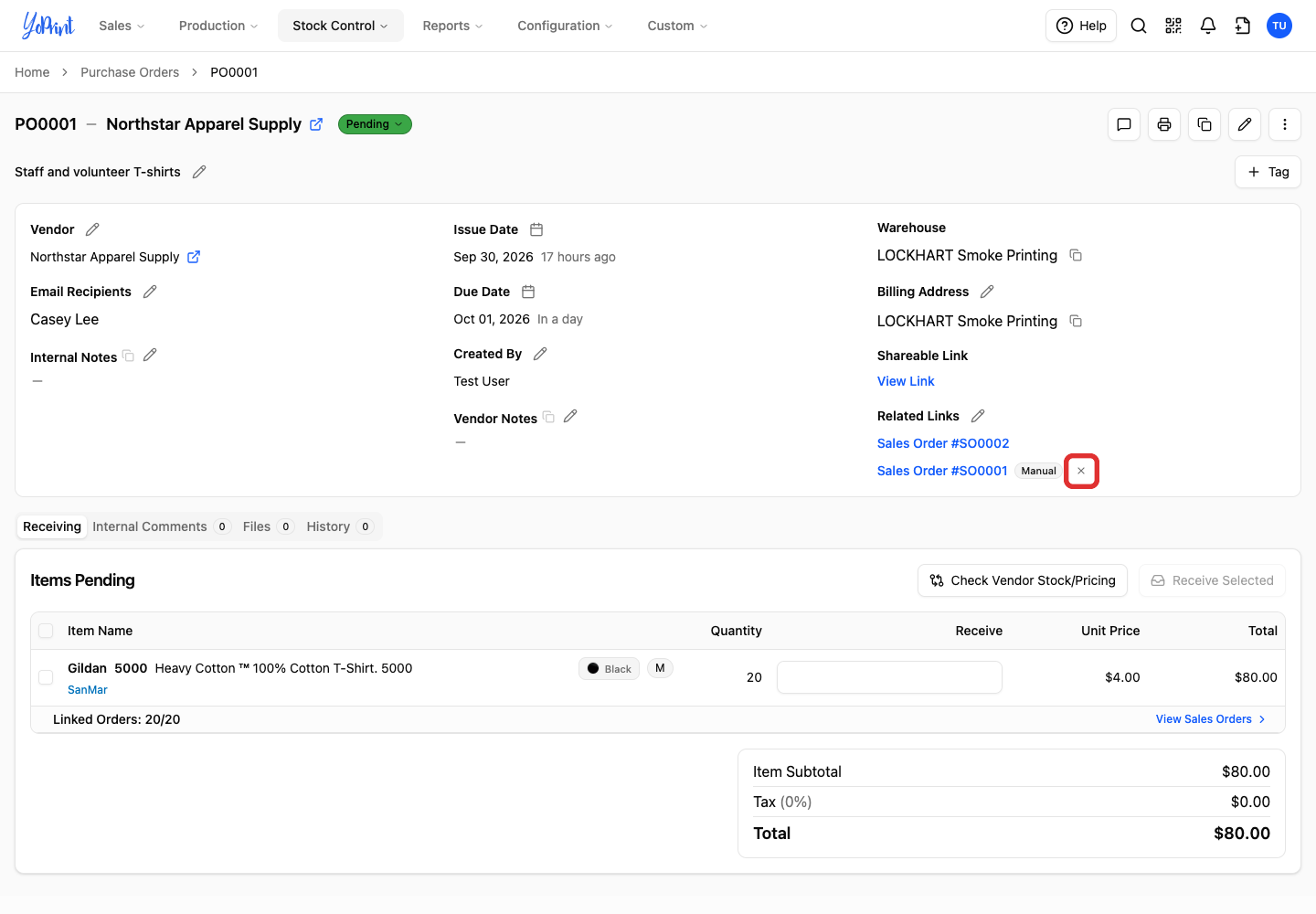 Remove the manual link beside Sales Order SO0001