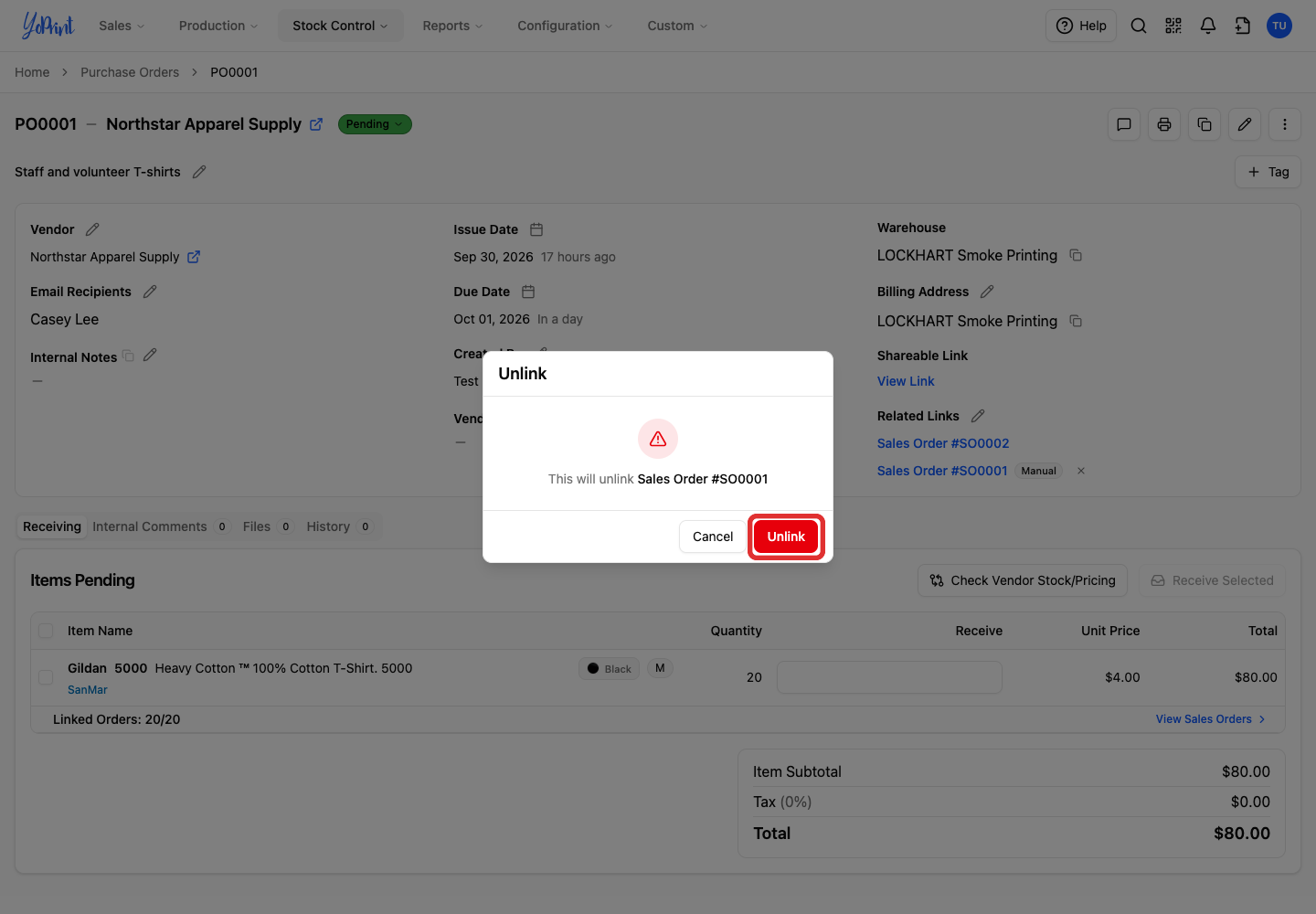 Confirm unlinking Sales Order SO0001