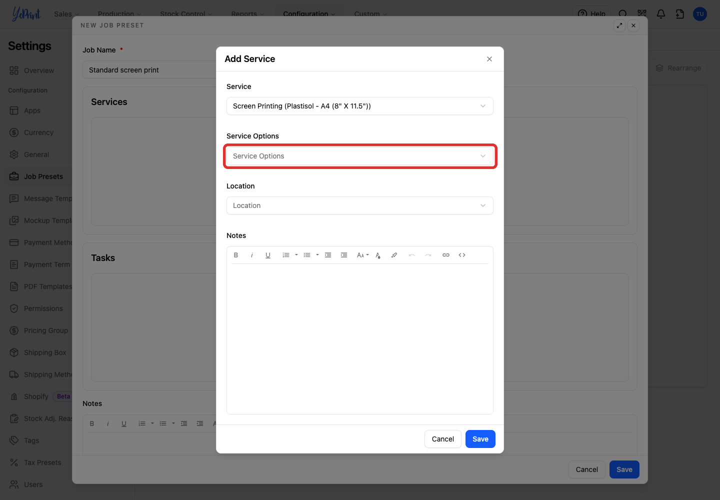 Open the service options