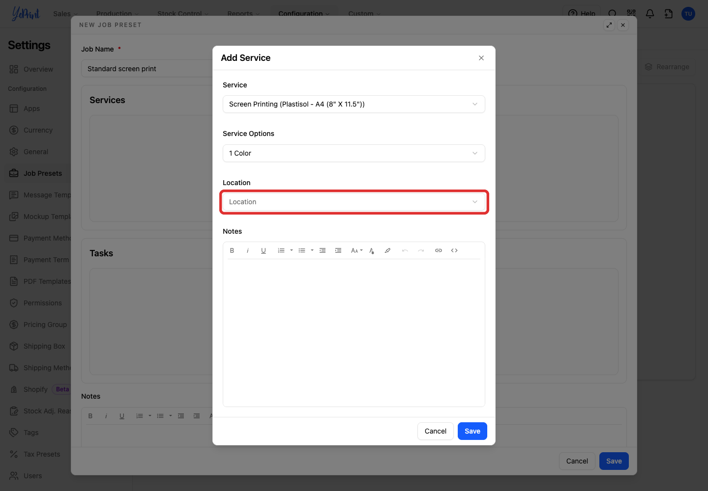 Open the print-location choices