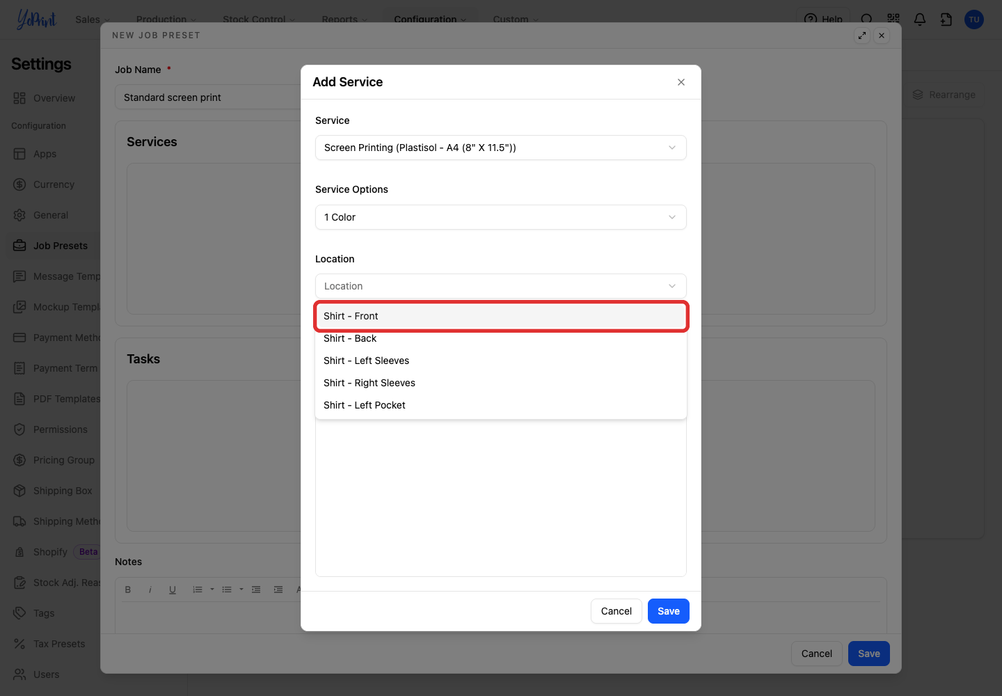 Choose the print location