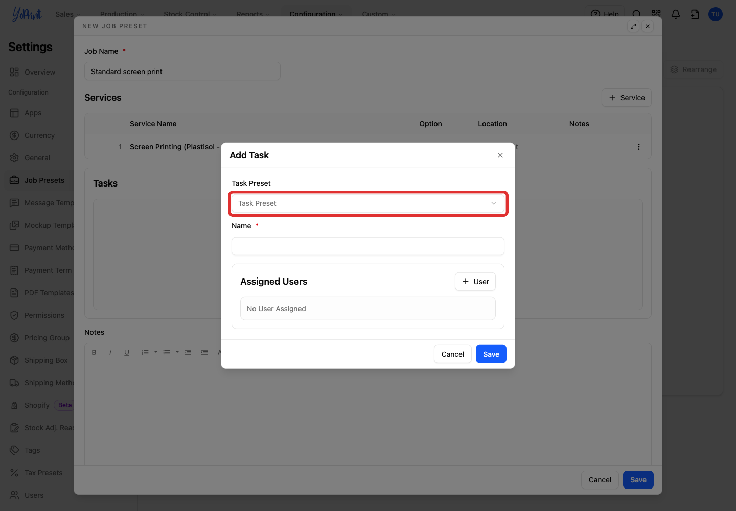 Open task preset choices
