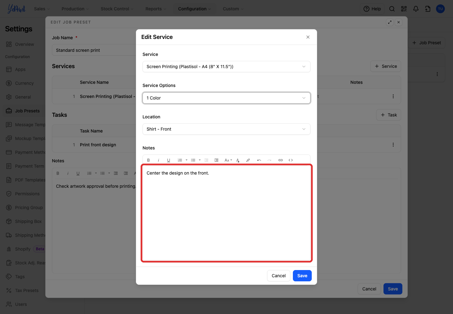 Add a service-specific note