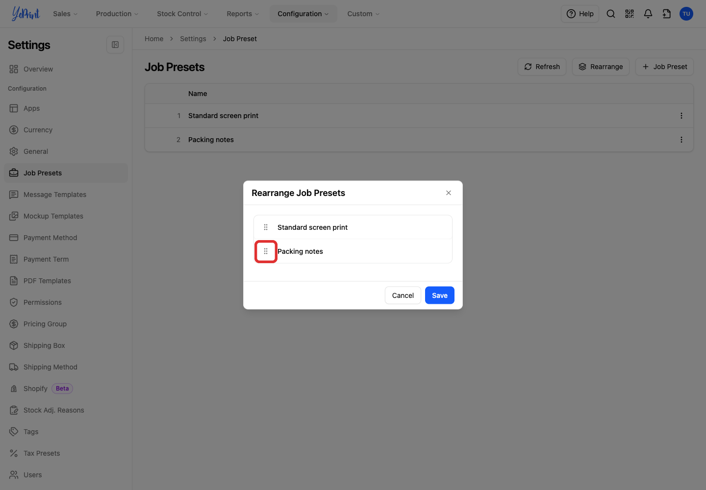 Drag a preset to reorder