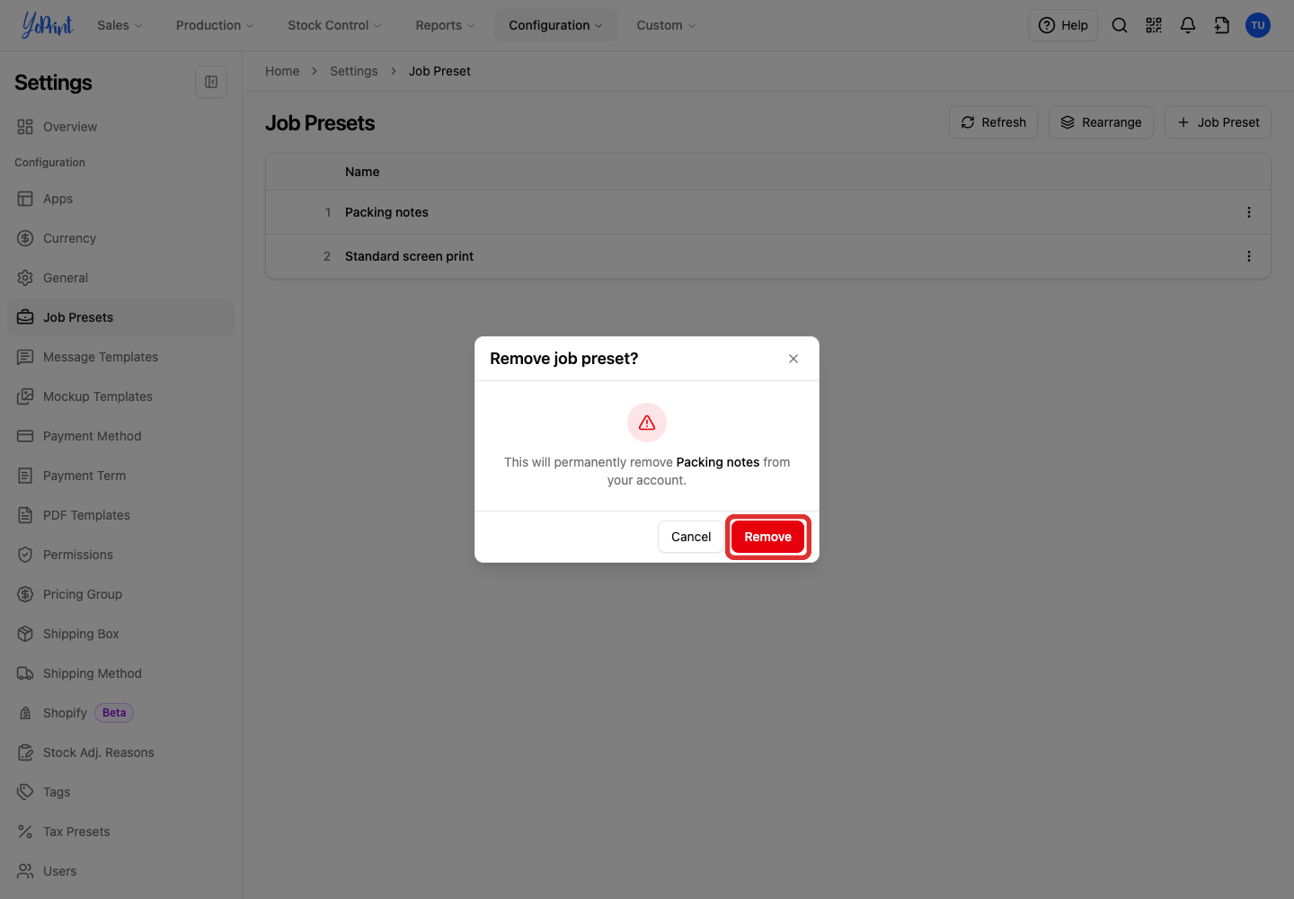 Confirm preset removal