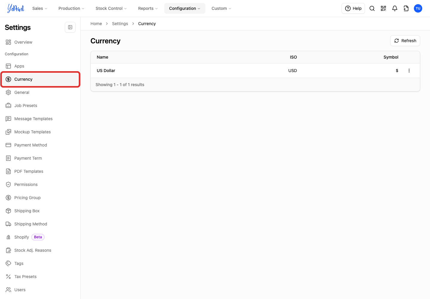 Currency in the Settings sidebar