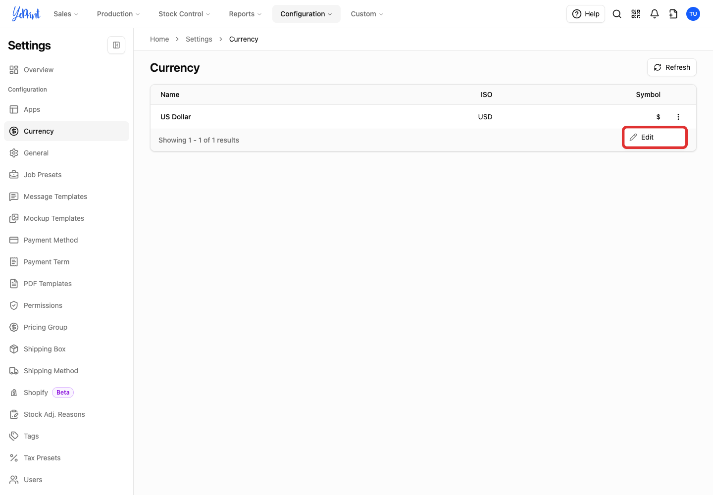 Edit in the currency menu