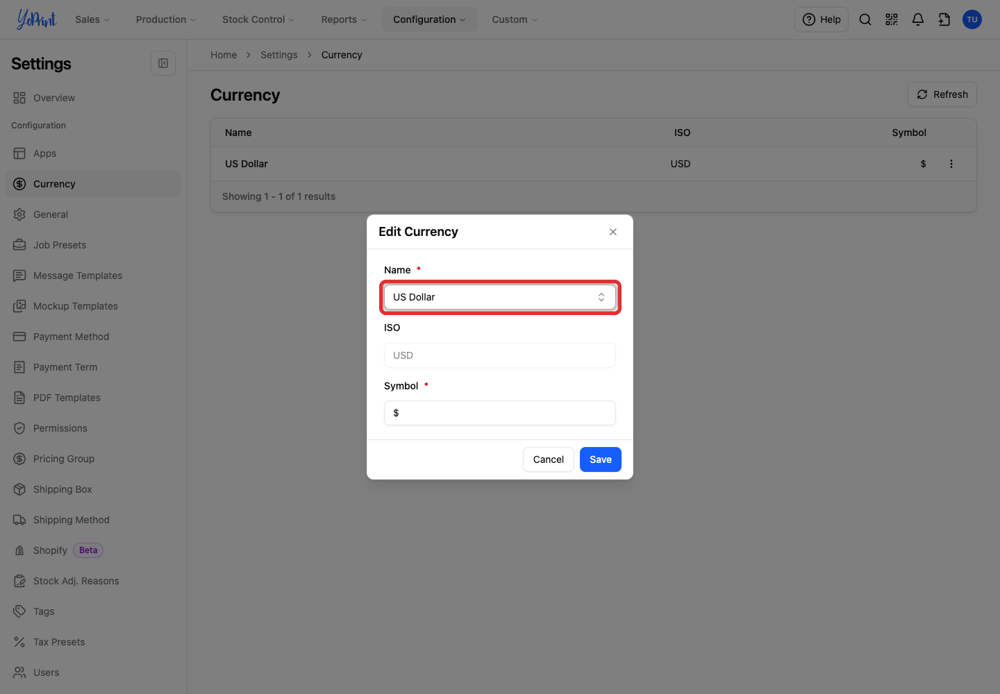 Name dropdown in Edit Currency