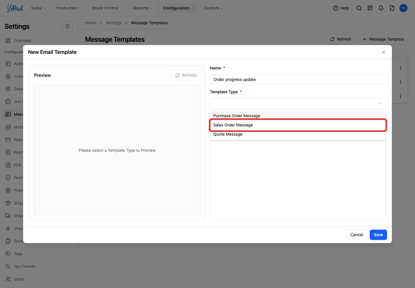Choose Sales Order Message