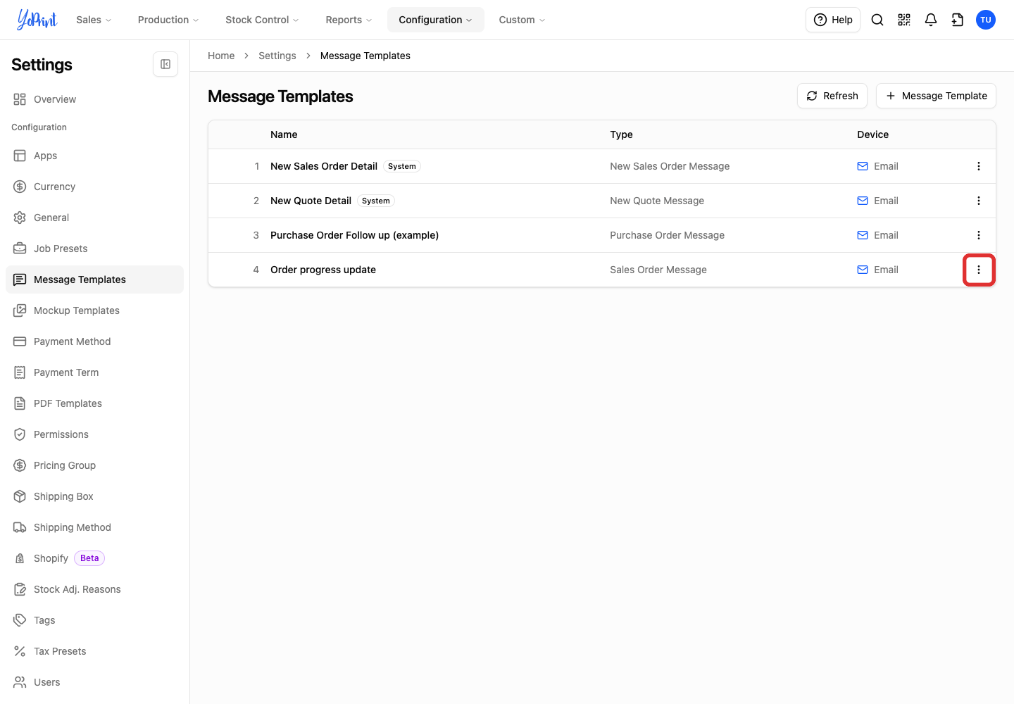 Open template actions