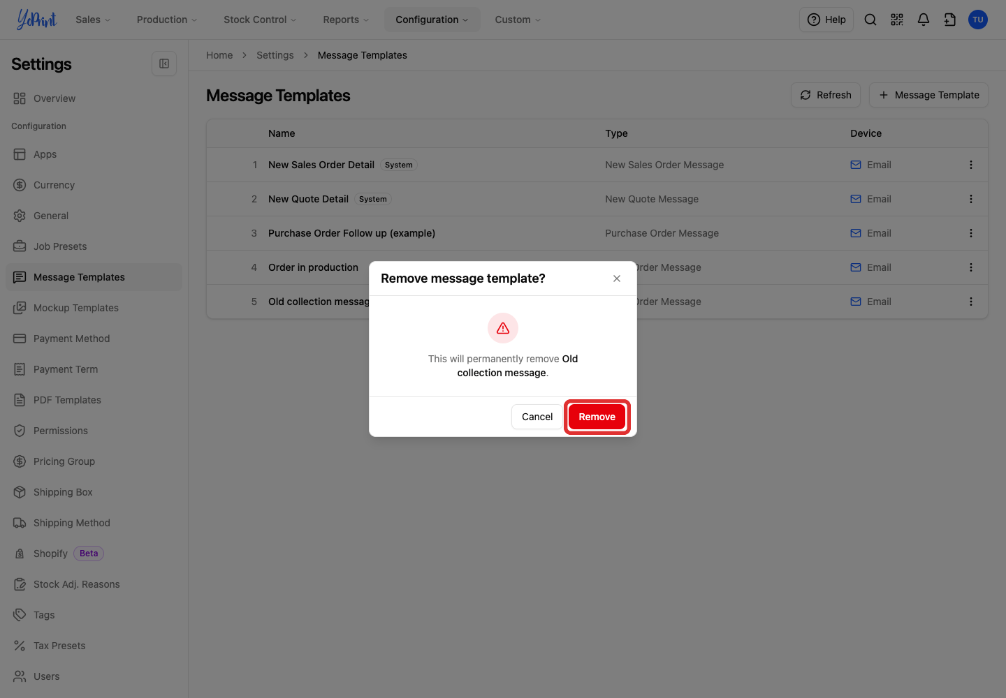 Confirm removal