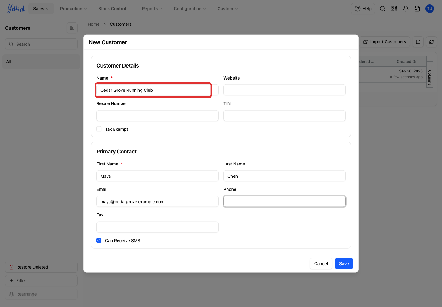 Enter the customer’s Name. Website, Resale Number, and TIN are optional. Select Tax Exempt if it applies to this customer.