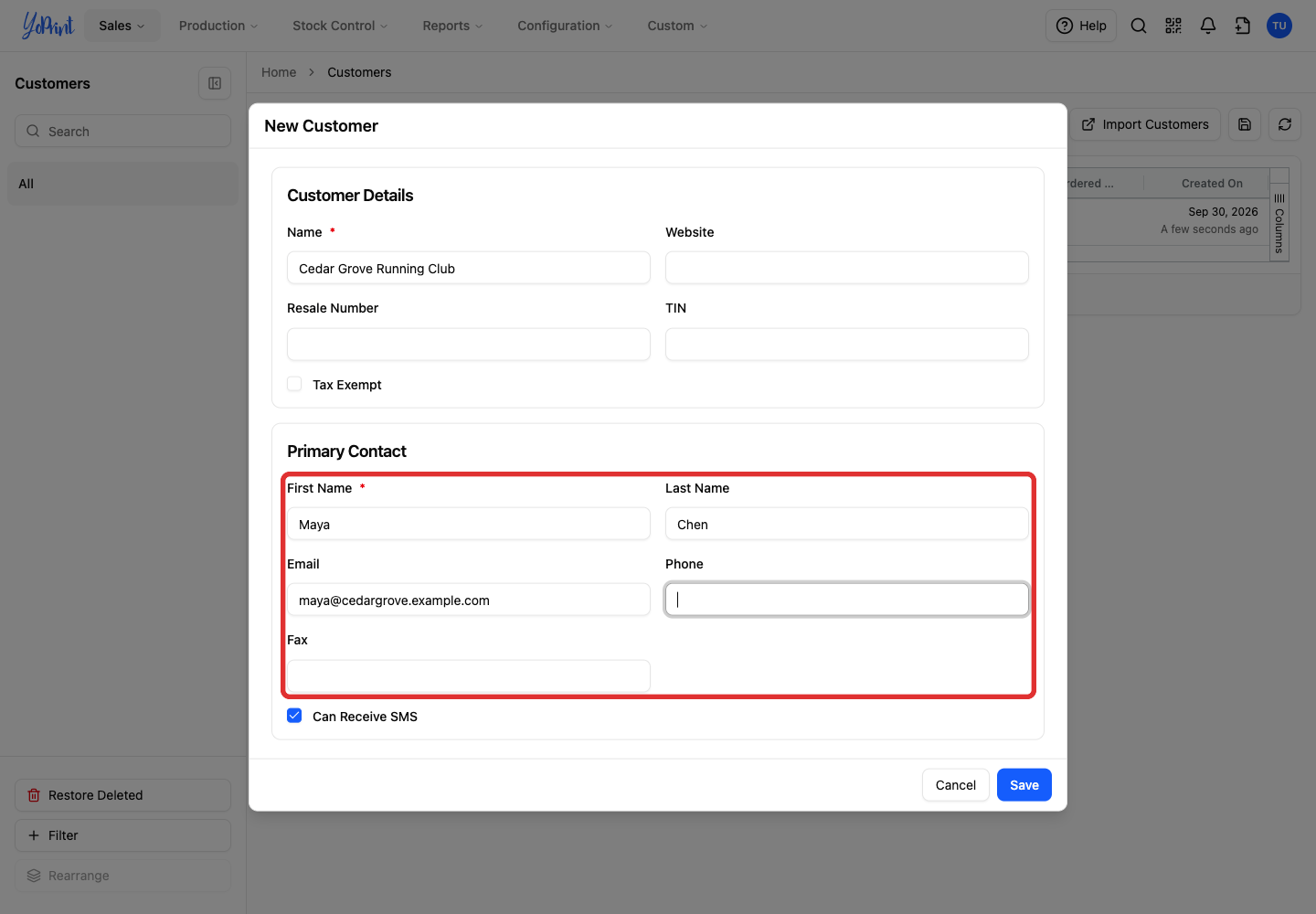 Add the main person’s details under Primary Contact.