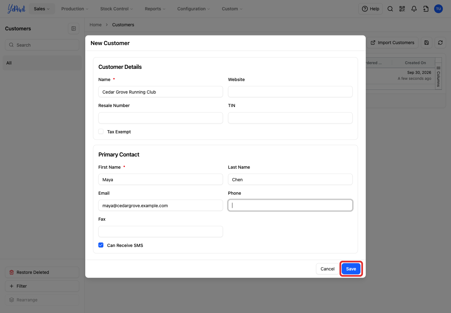 Click Save. The customer view opens.