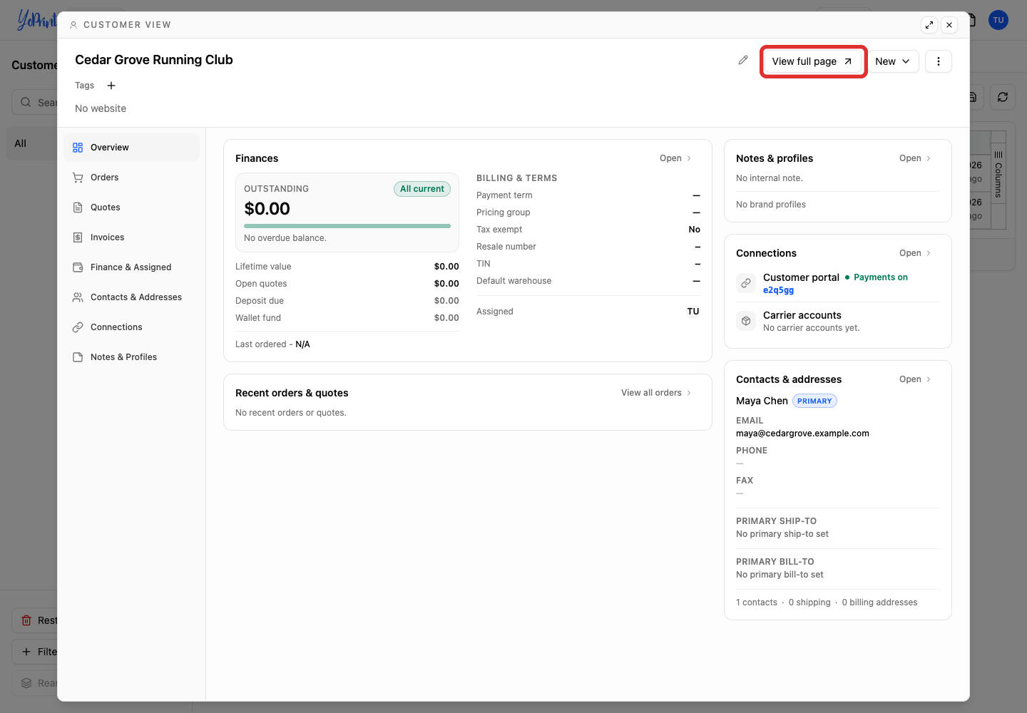 Open the full customer page