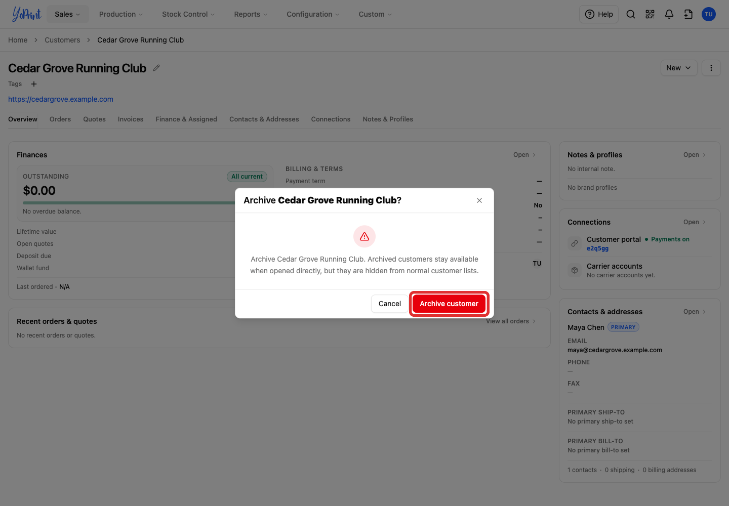 Click Archive customer to confirm. The customer is marked Archived.