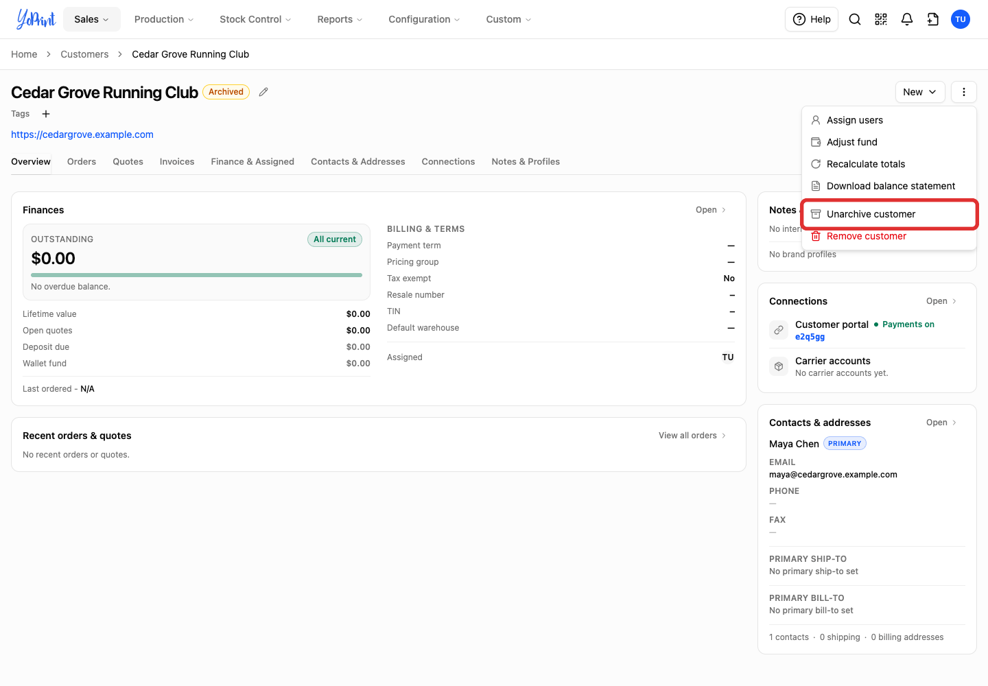 Choose Unarchive customer. The Archived label disappears.